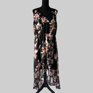Michel  Studio Collection Floral Print High Low Hem Flowy Sleeveless Dress